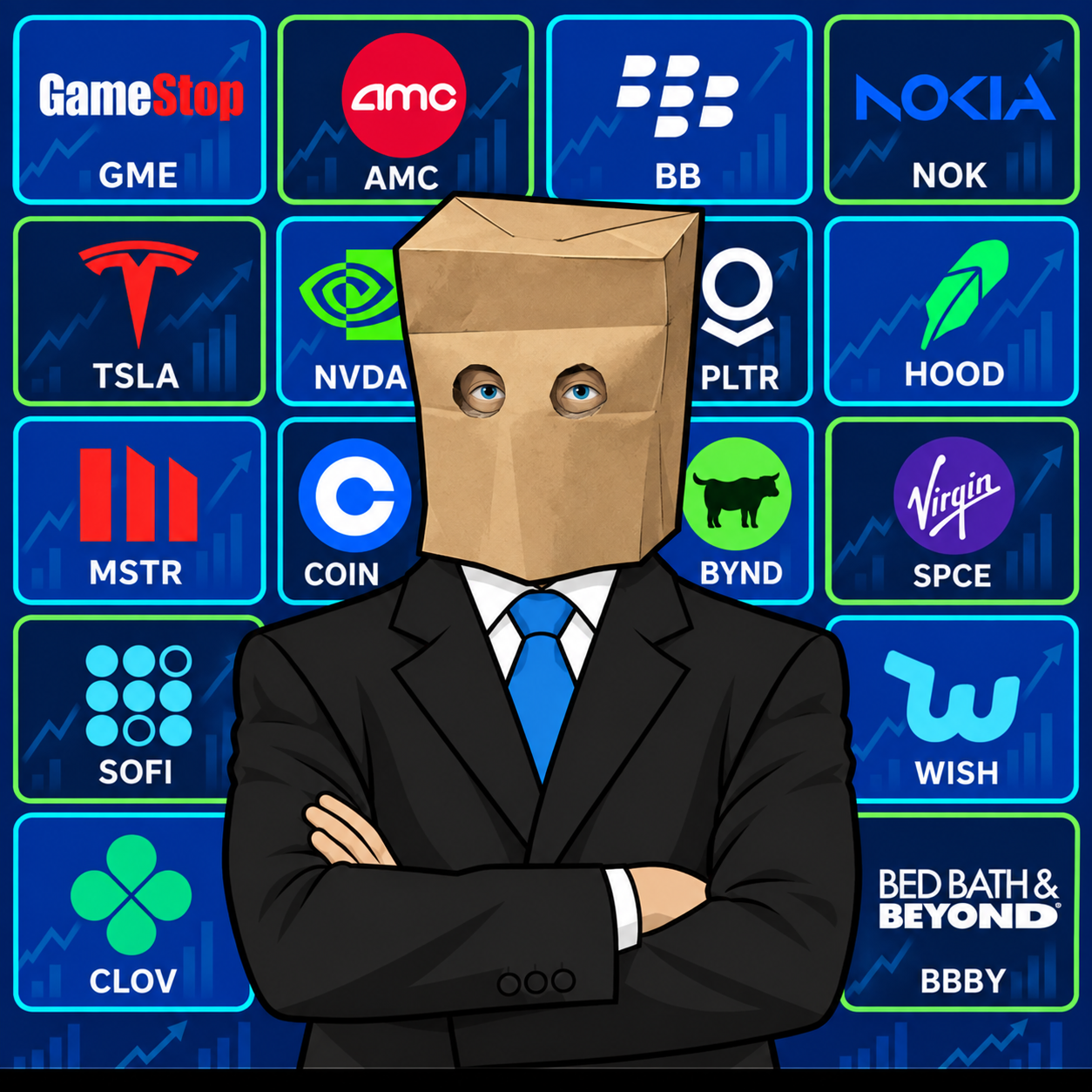 Stonk Anonymous character in front of meme stock cards